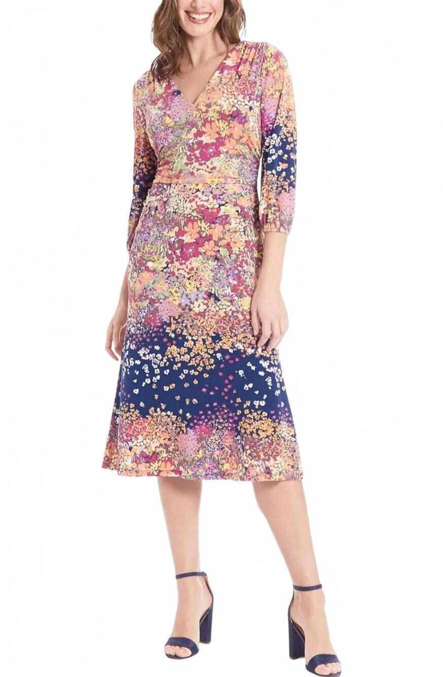 NEW LONDON TIMES flower print a-line midi dress in navy multi